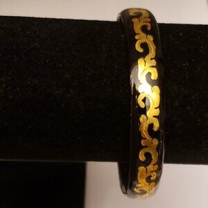 Vintage Women's Black and Gold Painted Papier Mache? Bangle Bracelet Slide-On